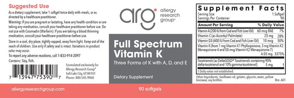 Allergy Research Group, Full Spectrum Vitamin K with A, D, and E, 90 Softgels