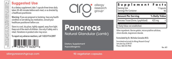 Allergy Research Group, Pancreas Natural Glandular (Lamb), 90 Vegetarian Capsules
