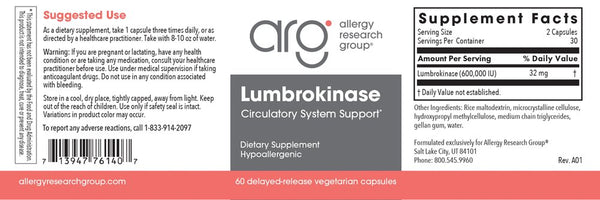 Allergy Research Group, Lumbrokinase, 60 Delayed-Release Vegetarian Capsules