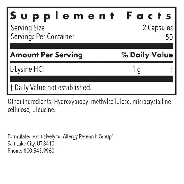 Allergy Research Group, L-Lysine 500 mg, 100 Vegetarian Capsules