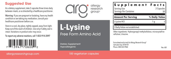 Allergy Research Group, L-Lysine 500 mg, 100 Vegetarian Capsules