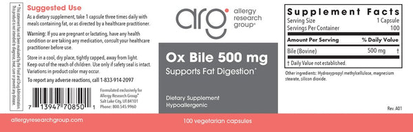 Allergy Research Group, Ox Bile 500 mg, 100 Vegetarian Capsules