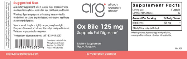 Allergy Research Group, Ox Bile 125 mg, 180 Vegetarian Capsules