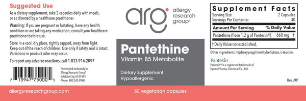 Allergy Research Group, Pantethine Vitmain B5 Metabolite, 60 Vegetarian Capsules