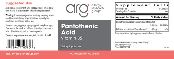 Allergy Research Group, Pantothenic Acid Vitamin B5, 90 Vegetarian Capsules