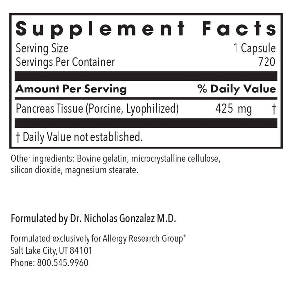 Allergy Research Group, Pancreas Natural Glandular (Pork), 720 Vegetarian Capsules