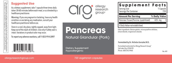 Allergy Research Group, Pancreas Natural Glandular (Pork), 720 Vegetarian Capsules