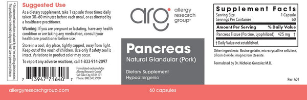 Allergy Research Group, Pancreas Natural Glandular (Pork), 60 Vegetarian Capsules