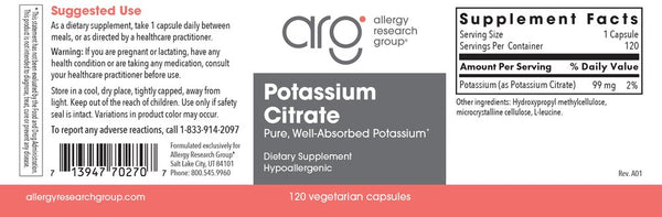 Allergy Research Group, Potassium Citrate, 120 Vegetarian Capsules