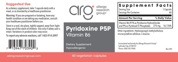 Allergy Research Group, Pyridoxine P5P Vitamin B6, 60 Vegetarian Capsules