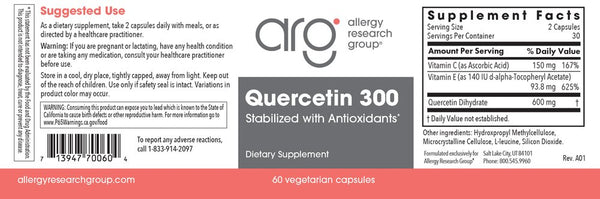 Allergy Research Group, Quercetin 300 Stabilized with Antioxidants, 60 Vegetarian Capsules