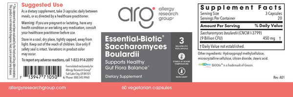 Allergy Research Group, Essential-Biotic Saccharomyces Boulardii, 60 Vegetarian Capsules