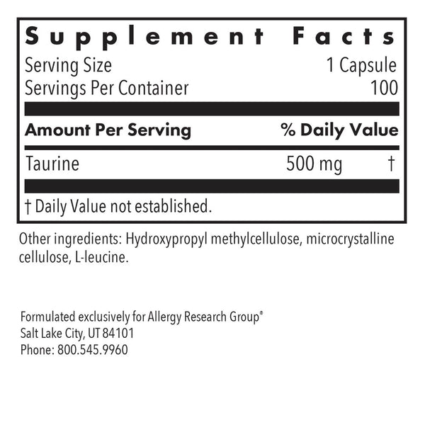 Allergy Research Group, Taurine 500 mg, 100 Vegetarian Capsules