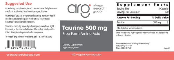 Allergy Research Group, Taurine 500 mg, 100 Vegetarian Capsules