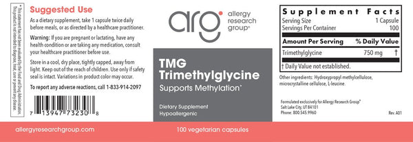 Allergy Research Group, TMG Trimethylglycine, 100 Vegetarian Capsules