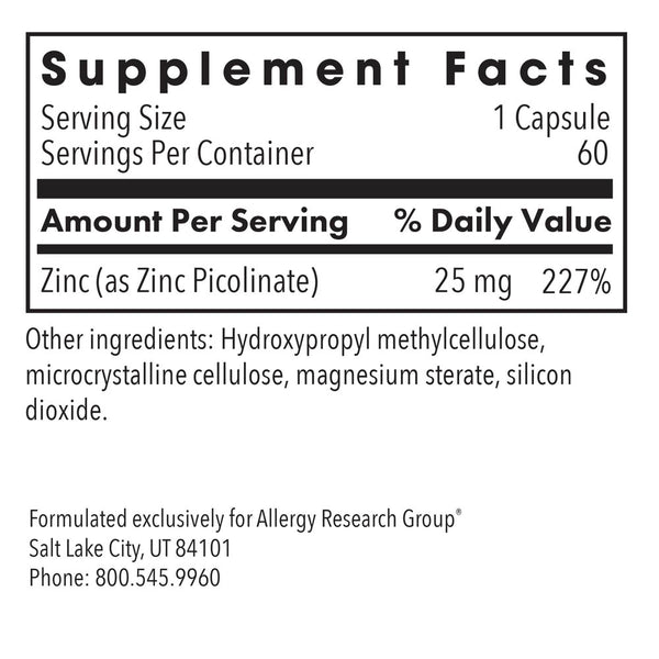 Allergy Research Group, Zinc Picolinate 25 mg, 60 Vegetarian Capsules
