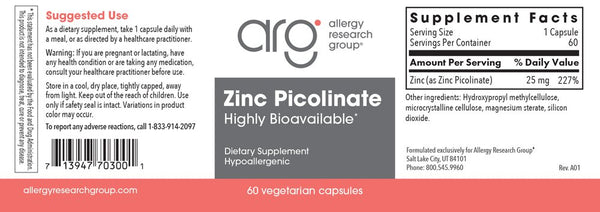 Allergy Research Group, Zinc Picolinate 25 mg, 60 Vegetarian Capsules