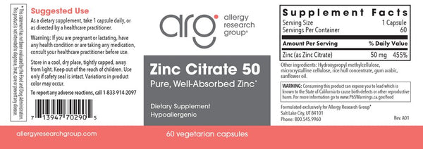 Allergy Research Group, Zinc Citrate 50 mg, 60 Vegetarian Capsules