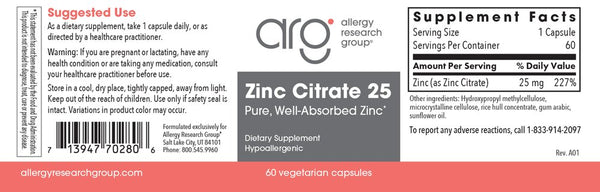 Allergy Research Group, Zinc Citrate 25 mg, 60 Vegetarian Capsules