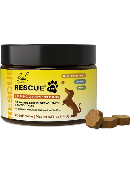 Bach Original Flower Essences, Rescue Calming Chews for Dogs, Peanut Butter and Apple, 60 Soft Chews