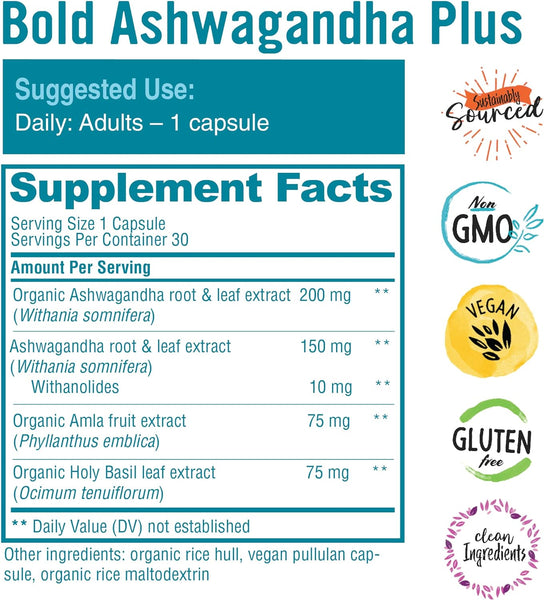 Bold Botanica, Bold Ashwagandha Plus, 30 Vegan Capsules