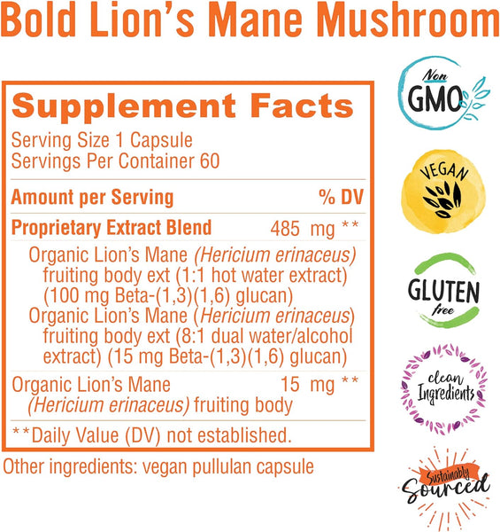 Bold Botanica, Bold Lion's Mane Mushroom, 60 Vegan Capsules