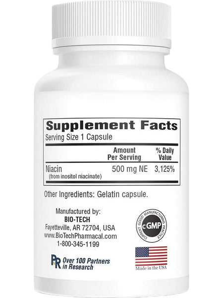 Bio-Tech Pharmacal, B3-500, Flush-Free Niacin, 100 Capsules