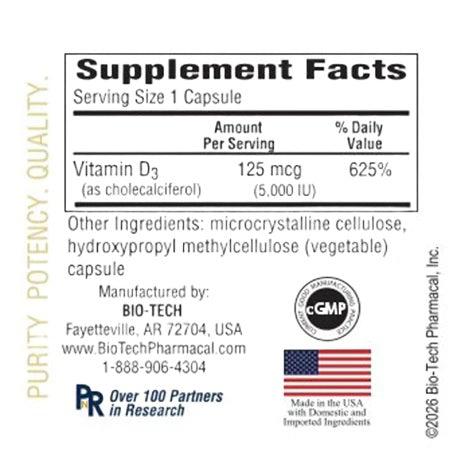 Bio-Tech Pharmacal, D3-5 (5000 IU), Cholecalciferol, 250 Vegetable Capsules
