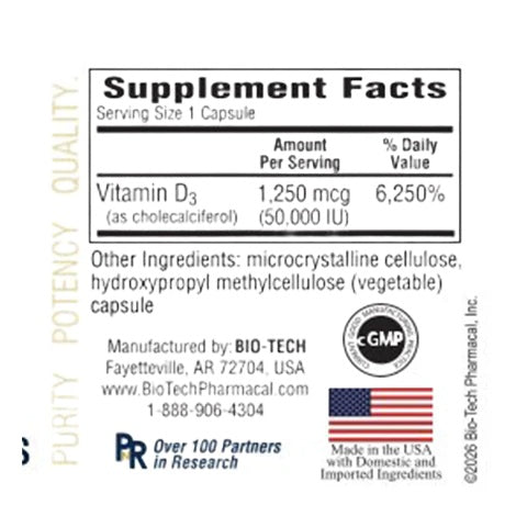 Bio-Tech Pharmacal, D3-50 (50,000 IU), Cholecalciferol, 100 Vegetable Capsules