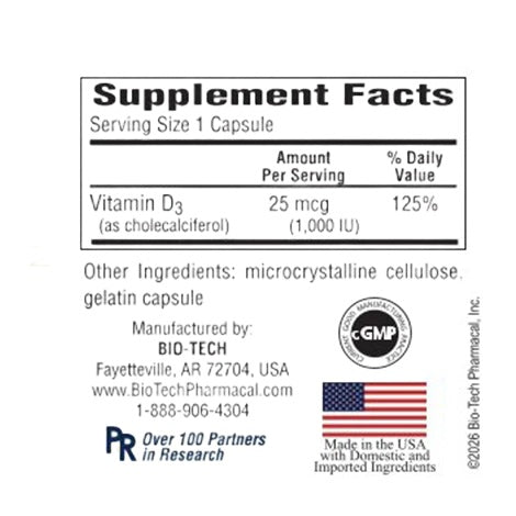 Bio-Tech Pharmacal, D3 (1000 IU), Cholecalciferol, 100 Capsules