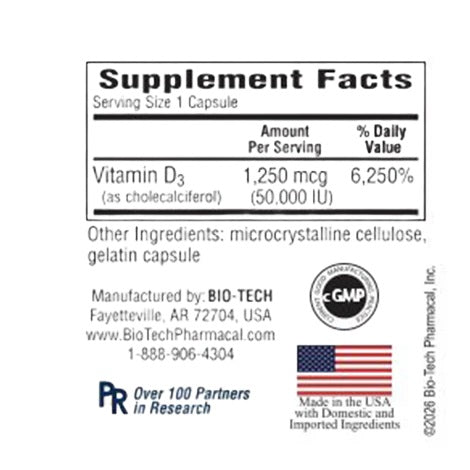 Bio-Tech Pharmacal, D3-50 (50,000 IU), Cholecalciferol, 100 Capsules