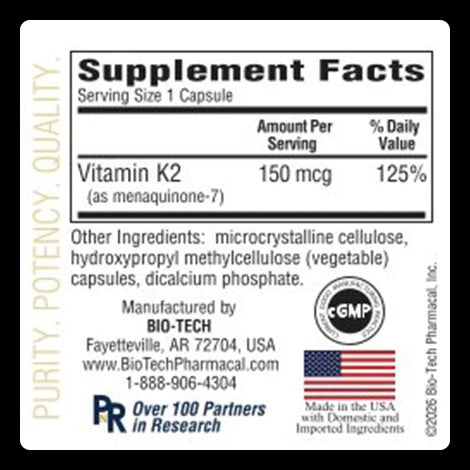Bio-Tech Pharmacal, MK-7, Vitamin K2, 100 Vegetable Capsules