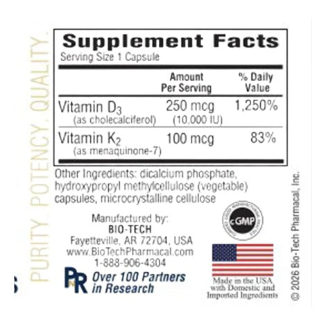 Bio-Tech Pharmacal, D-3 K2, 120 Vegetable Capsules