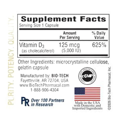 Bio-Tech Pharmacal, D3-5 (5000 IU), Cholecalciferol, 250 Capsules