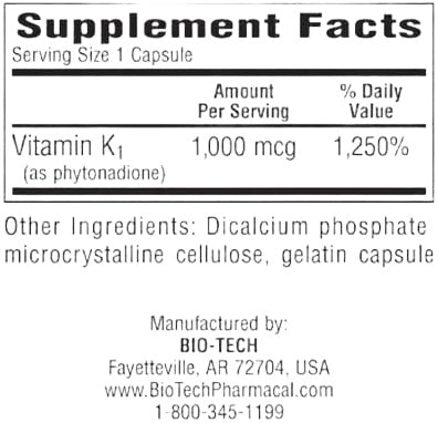 Bio-Tech Pharmacal, K-1 1000, Vitamin K1, 100 Capsules