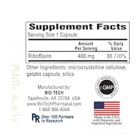Bio-Tech Pharmacal, B2-400, Riboflavin, 100 Capsules