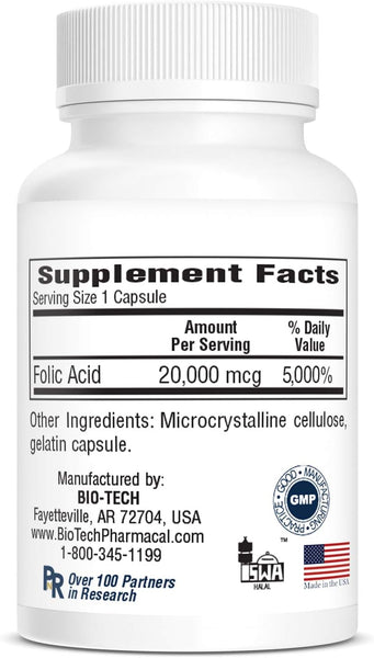 Bio-Tech Pharmacal, Folic Acid, 20 mg, 100 Capsules
