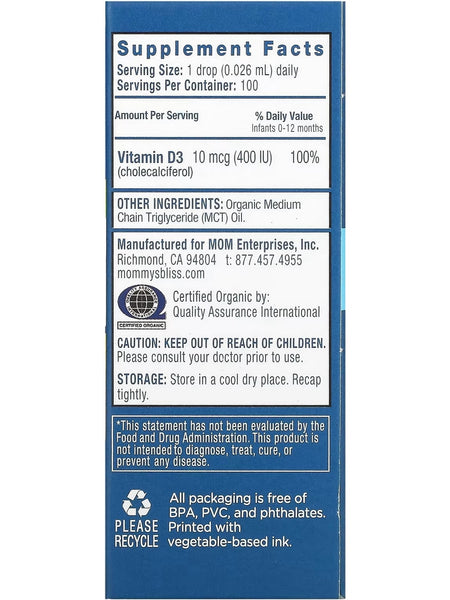 Mommy's Bliss, Organic Drops Baby Vitamin D, 400 IU, Newborn +, 0.11 fl oz