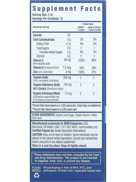 Mommy's Bliss, Organic Kids Elderberry Syrup + Immunity Support, Kids 1-12 Years, 3 fl oz