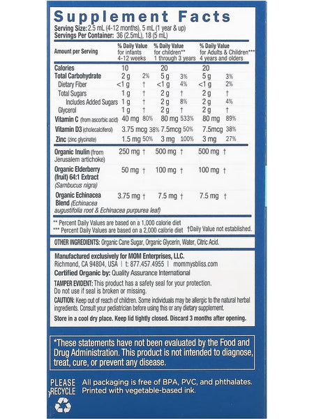 Mommy's Bliss, Organic Baby Elderberry Drops + Immunity Support, Age 4 Months +, 3 fl oz