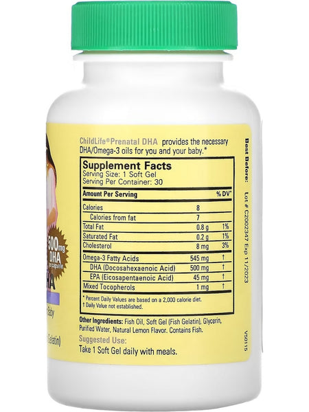 ChildLife Essentials, Prenatal DHA, Natural Lemon, 500 mg, 30 Soft Gel Capsules (Fish Gelatin)