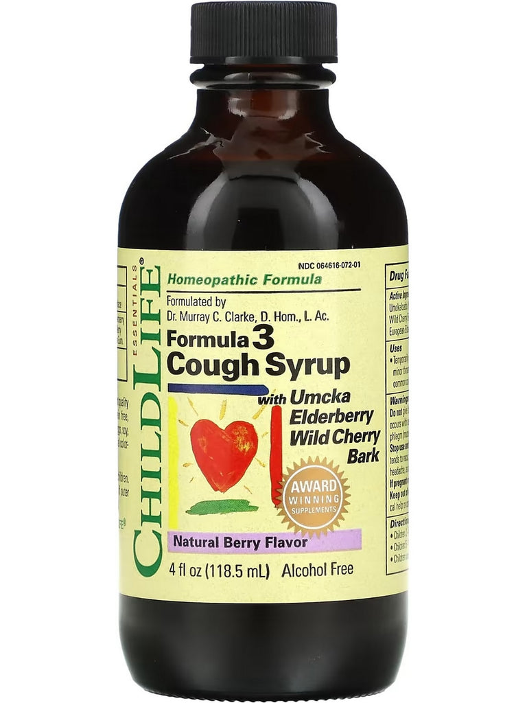 ChildLife Essentials, Formula 3 Cough Syrup with Umcka Elderberry Wild Cherry Bark, Natural Berry, 4 fl oz