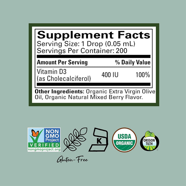 ChildLife Essentials, Organic Vitamin D3 Drops 400 IU, Natural Berry, 0.21 fl oz