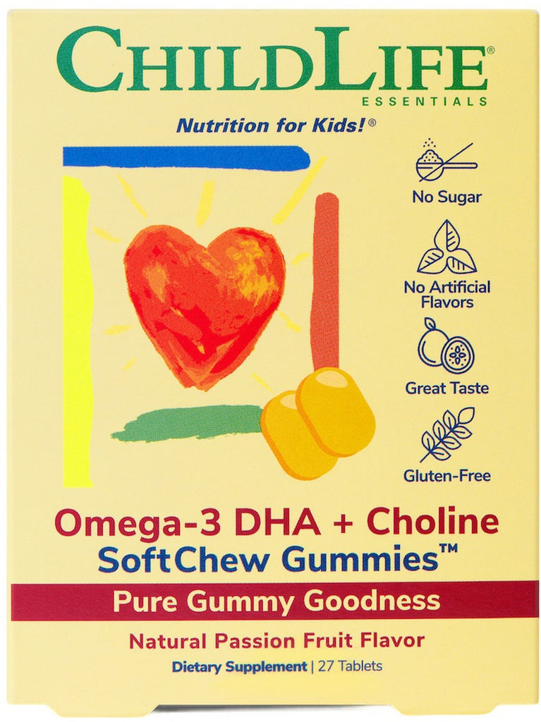 ChildLife Essentials, Omega-3 DHA + Choline SoftChew Gummies, Natural Passion Fruit, 27 Tablets