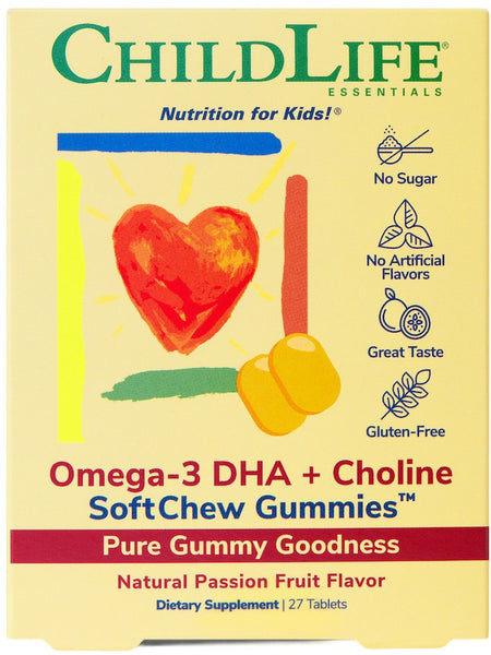 ChildLife Essentials, Omega-3 DHA + Choline SoftChew Gummies, Natural Passion Fruit, 27 Tablets
