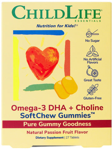 ChildLife Essentials, Omega-3 DHA + Choline SoftChew Gummies, Natural Passion Fruit, 27 Tablets