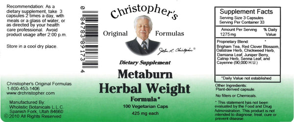 Christopher's Original Formulas, Metaburn Herbal Weight, 100 Vegetarian Caps