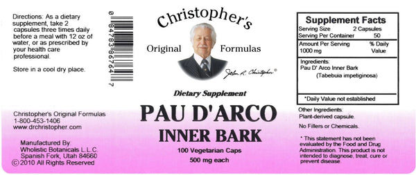 Christopher's Original Formulas, Pau D'Arco Inner Bark, 100 Vegetarian Caps