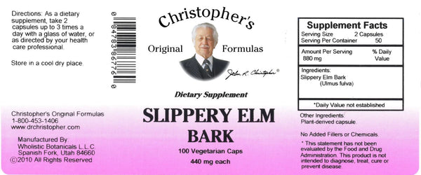 Christopher's Original Formulas, Slippery Elm Bark, 100 Vegetarian Caps