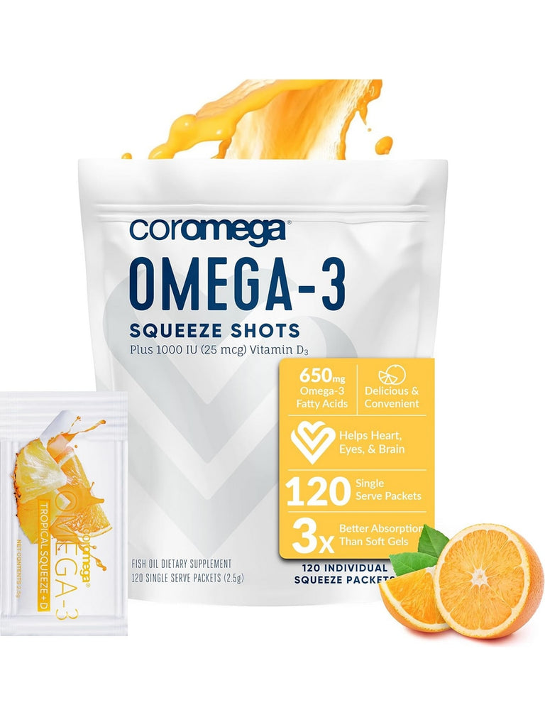 Coromega, Omega-3 Squeeze Packets, Tropical Orange, 120 Individual Squeeze Packets